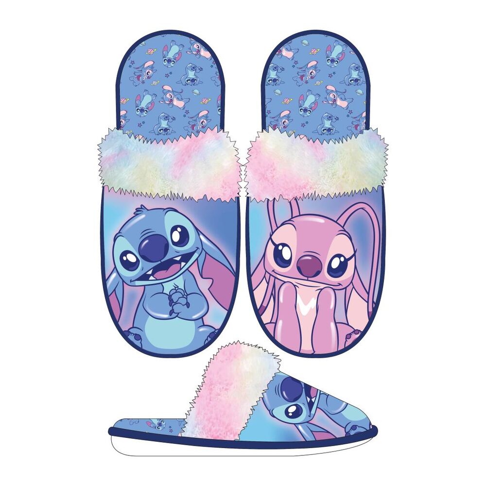 Pantuflas Disney de Stitch y Angel con borde mullido pastel