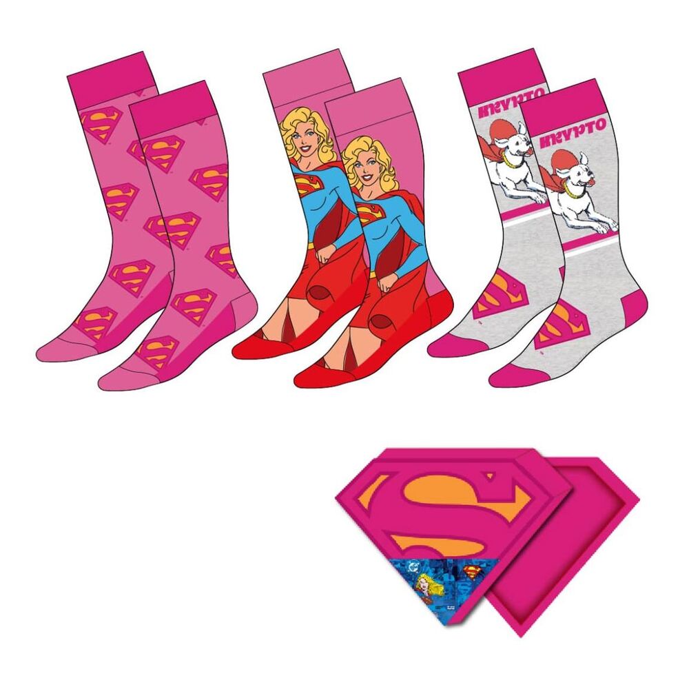 Set de tres pares de calcetines DC Comics de Supergirl, Superman y Krypto
