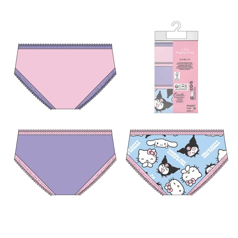 Set de tres braguitas Hello Kitty and Friends de algodón en rosa, lila y azul - 2