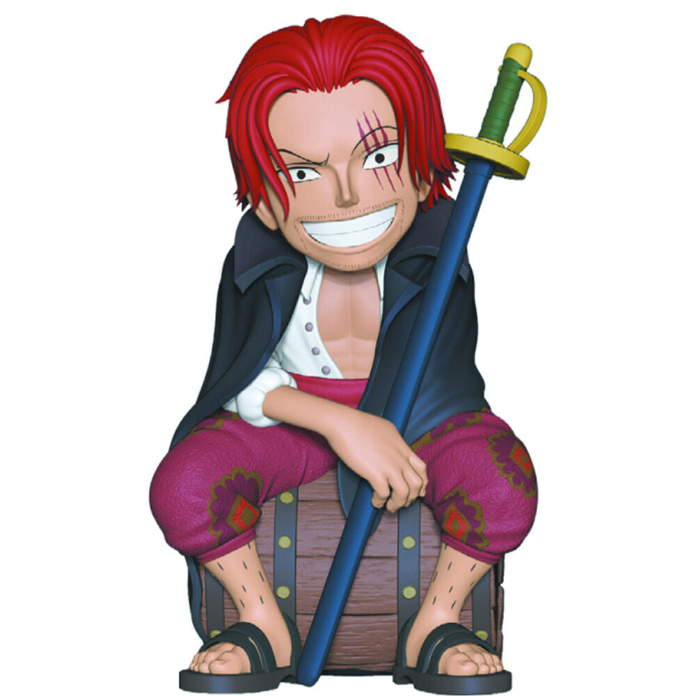 Hucha de Shanks de One Piece sentado sobre un barril con su espada