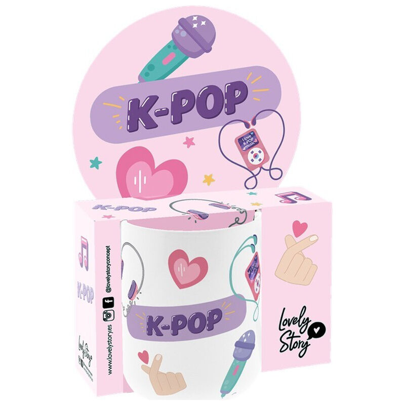 Taza Dreams LOVELY STORY de cerámica con diseño K-pop en tonos rosas y morados
