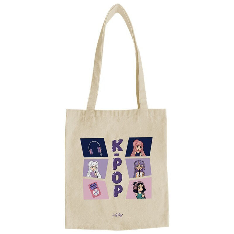 Bolsa de tela beige Stars KPop con ilustraciones y asas largas
