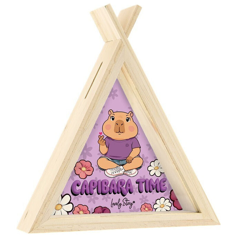 Hucha triangular Capibara Time de LOVELY STORY con fondo morado y flores