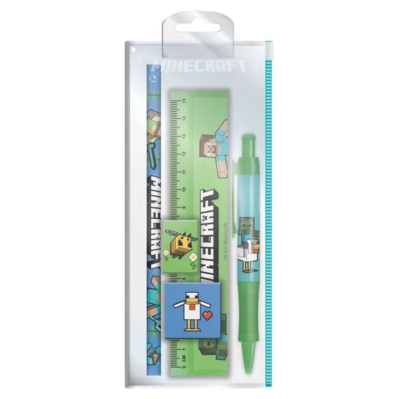 Set de papelería Minecraft con regla graduada y bolígrafo verde