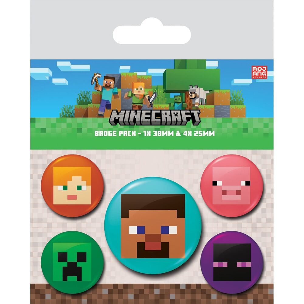 Set de 5 chapas Minecraft con Steve, Alex, Creeper, Enderman y cerdo