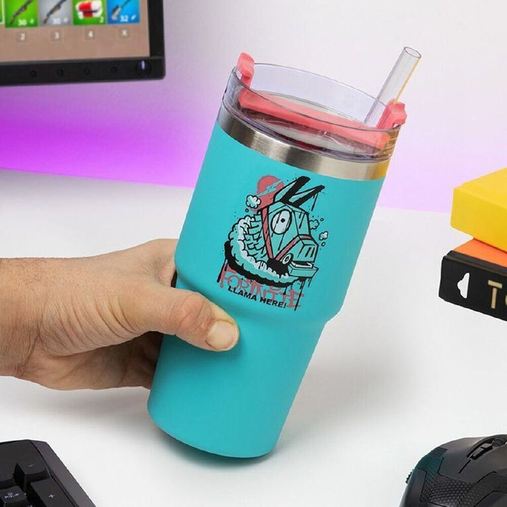 Vaso térmico Fortnite Gamer turquesa de 600 ml con tapa y pajita - 4