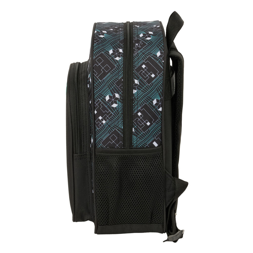 Mochila Minecraft Screen negra con personaje pixelado y detalles turquesa - 3