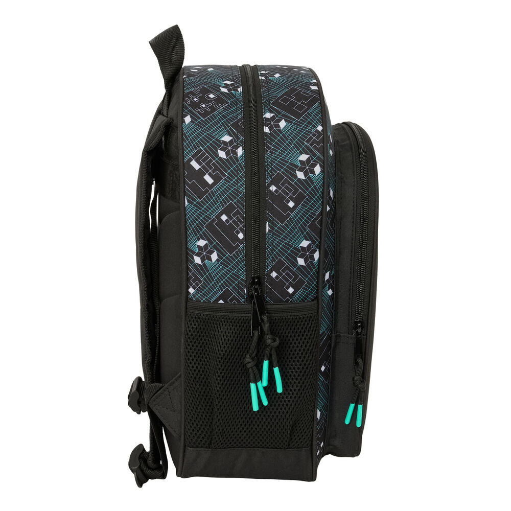 Mochila Minecraft negra de 38 cm con diseño pixelado turquesa y bolsillo frontal - 3