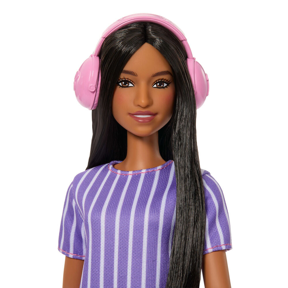 Muñeca Barbie Fashionistas autista con vestido morado, auriculares rosas y juguete giratorio - 5