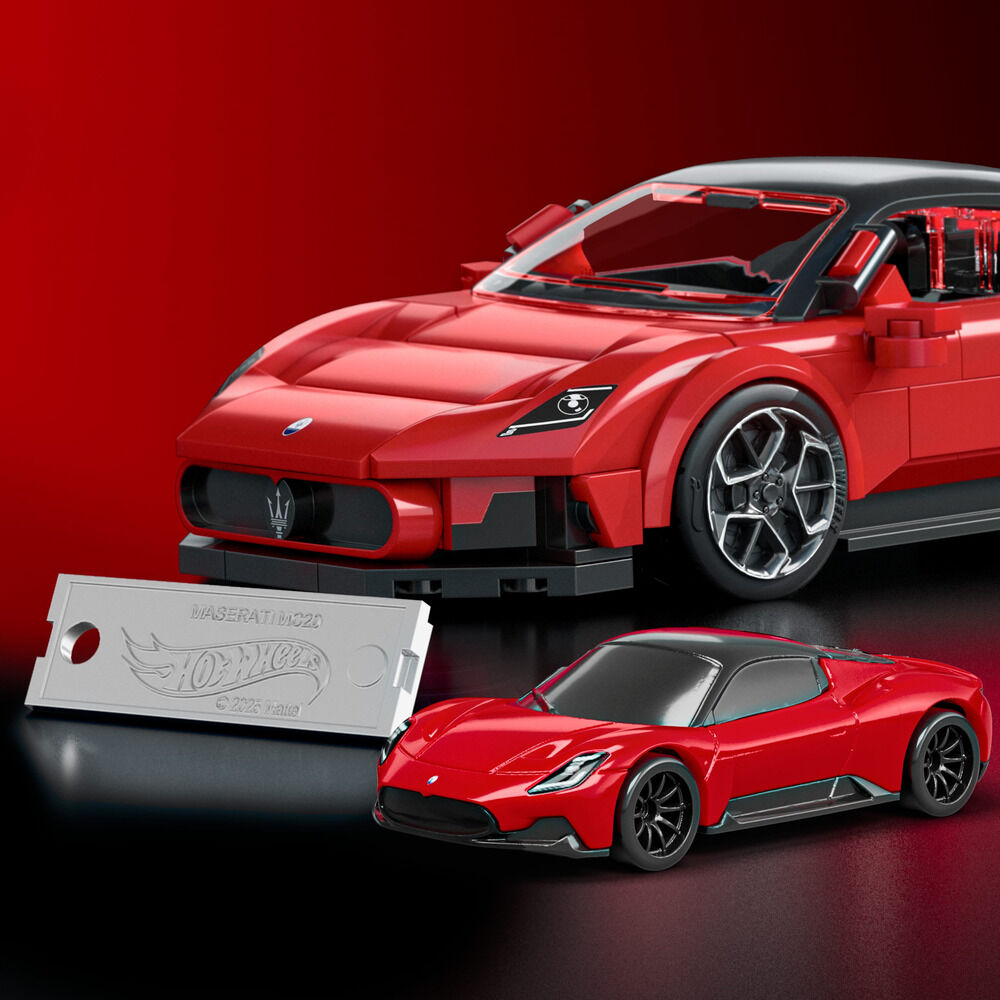 Set Mattel Brick Shop Hot Wheels Maserati MC20 rojo con coche metálico - 5