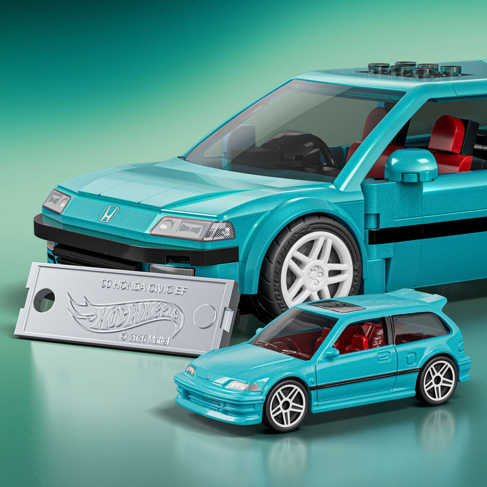 Set Mattel Brick Shop Hot Wheels Custom '90 Honda Civic EF turquesa con coche metálico - 5