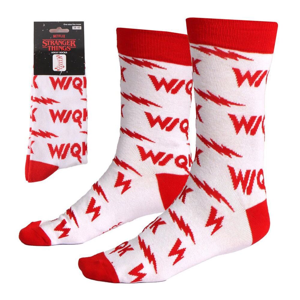 Calcetines Stranger Things blancos y rojos con diseño de rayos