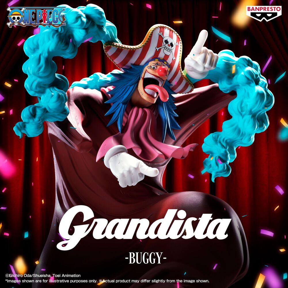 Figura Buggy Grandista de One Piece con sombrero a rayas y cabello azul - 5