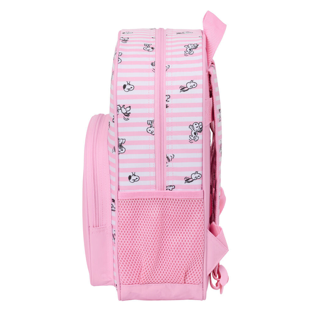 Mochila rosa de Snoopy con rayas, bolsillo frontal y portabotellas lateral - 3