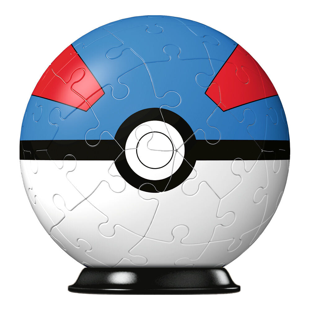 Puzzle 3D Pokémon Superball azul montada sobre su soporte