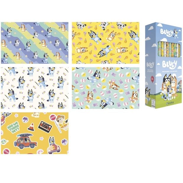 Expositor SAFTA de papel de regalo Bluey con cinco diseños surtidos