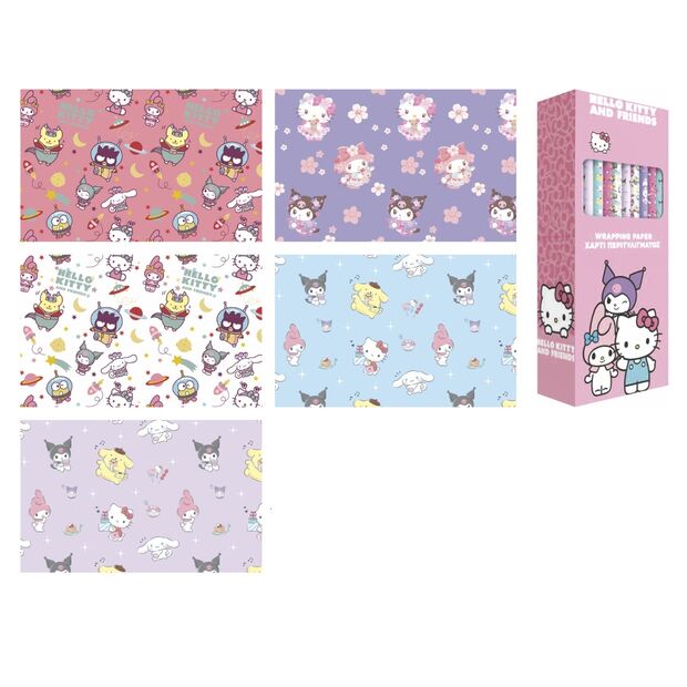 Expositor SAFTA con 50 rollos de papel de regalo Hello Kitty & Friends surtidos