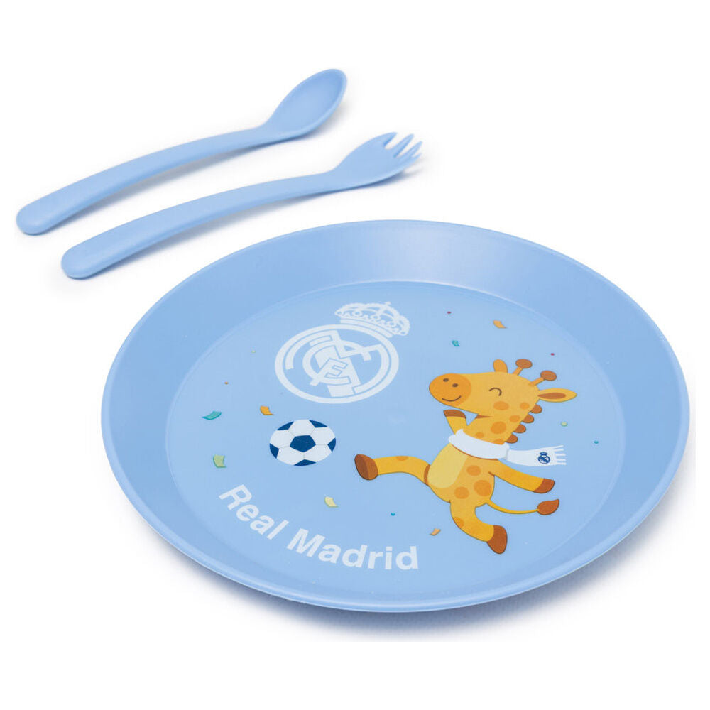Set de vajilla infantil Real Madrid con plato azul, bol, vaso con asas y cubiertos - 4
