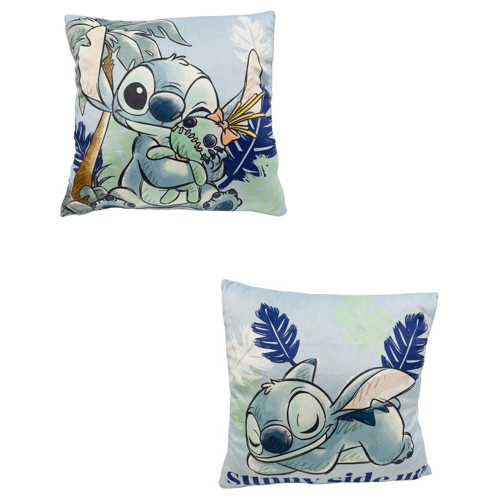 Cojín cuadrado de Stitch Disney con diseño tropical en tonos azules y verdes
