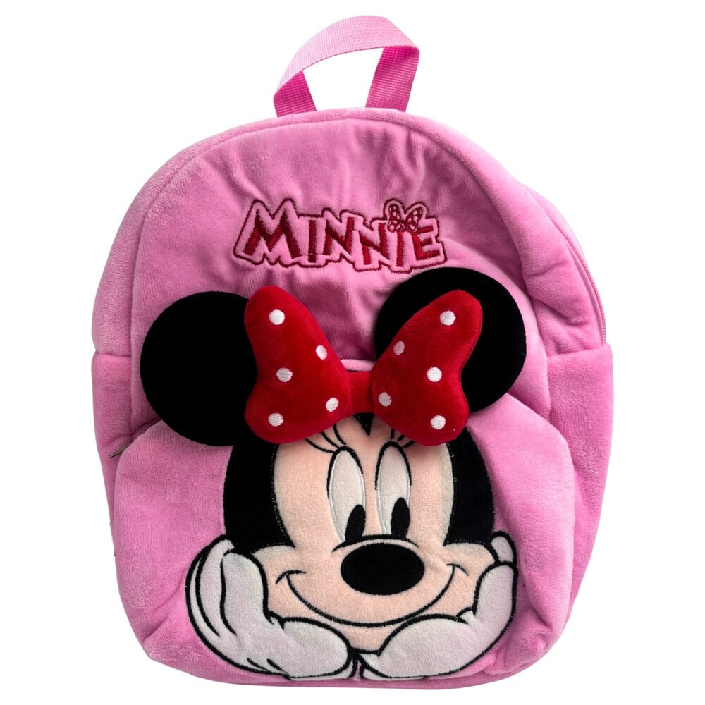 Mochila rosa de peluche con rostro de Minnie Disney y lazo rojo de lunares