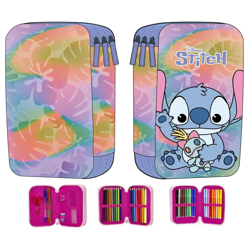 Plumier triple Disney Stitch multicolor con tres compartimentos