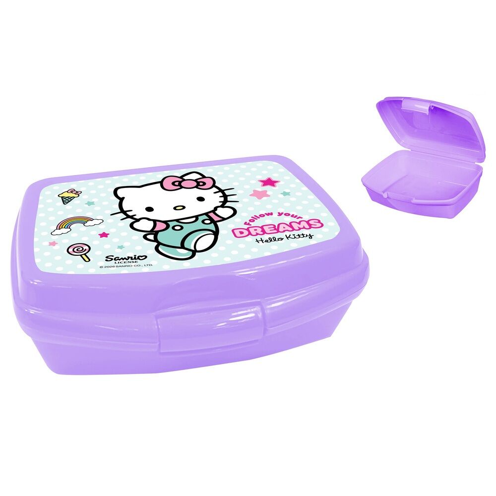 Sandwichera fiambrera lila de Hello Kitty SANRIO con tapa abierta