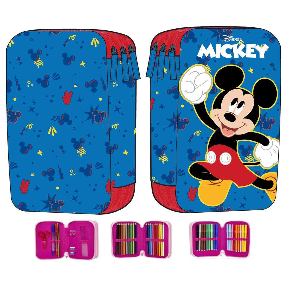 Plumier triple azul de Mickey Disney con tres compartimentos