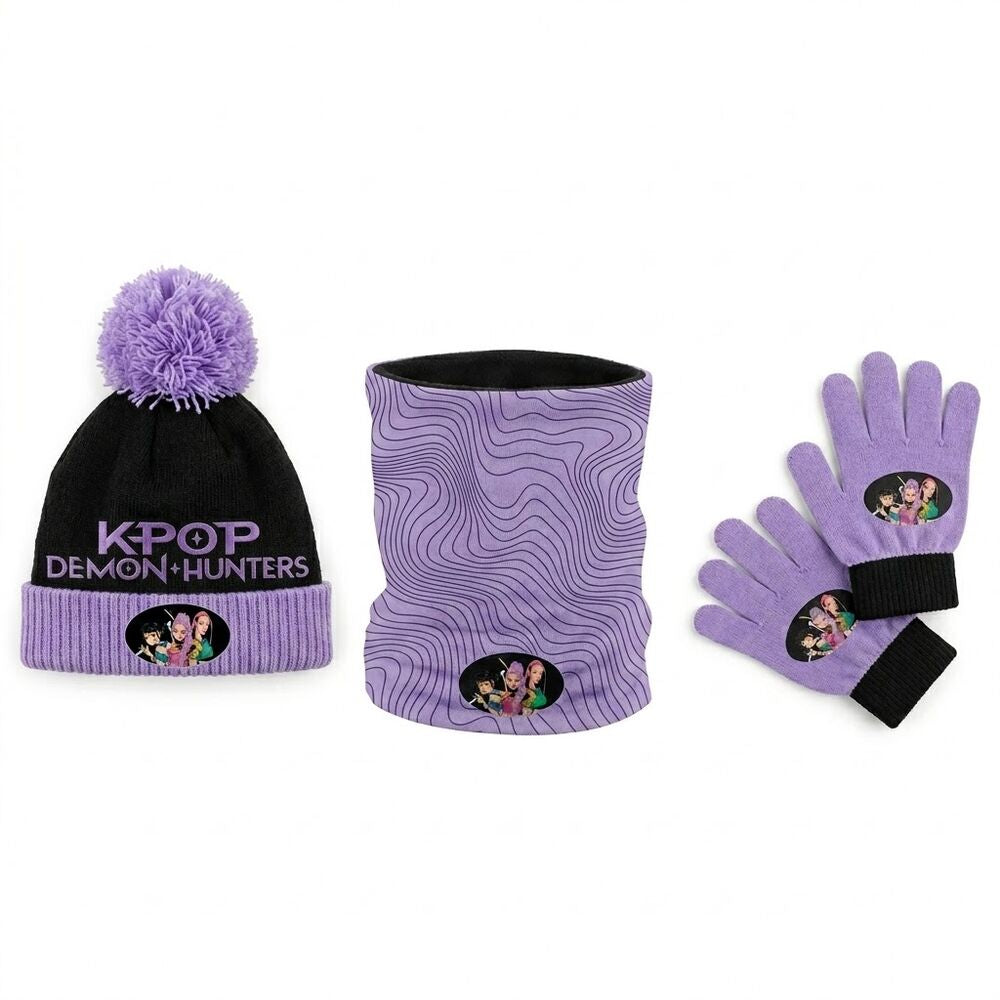 Set KPop Demon Hunters con gorro de pompón, cuello y guantes en negro y lila