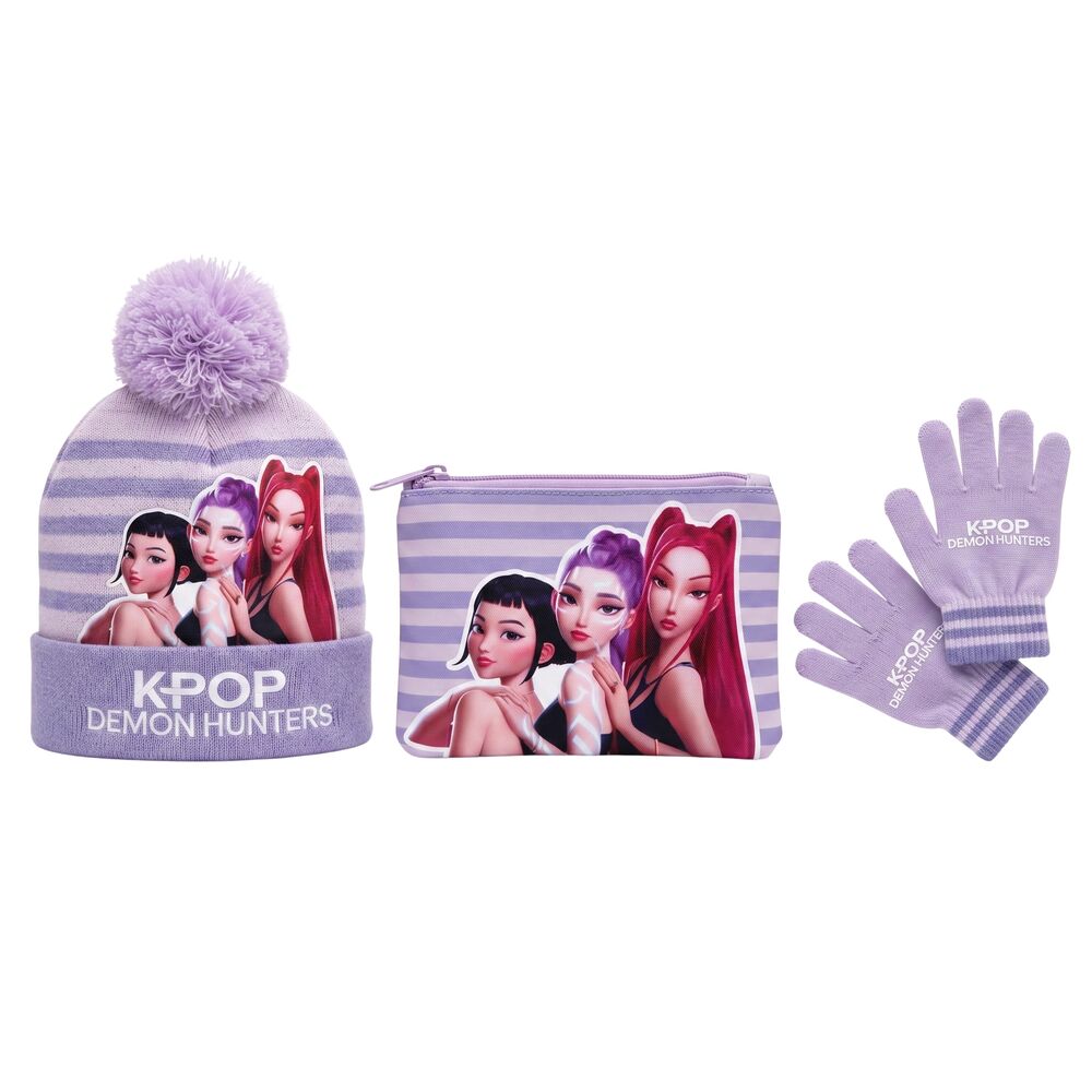 Set KPop Demon Hunters con gorro de pompón, cuello y guantes lavanda