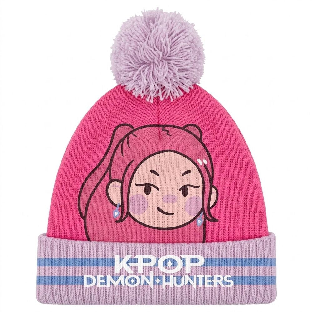 Gorro rosa y lila de KPop Demon Hunters con personaje ilustrado y pompón lila