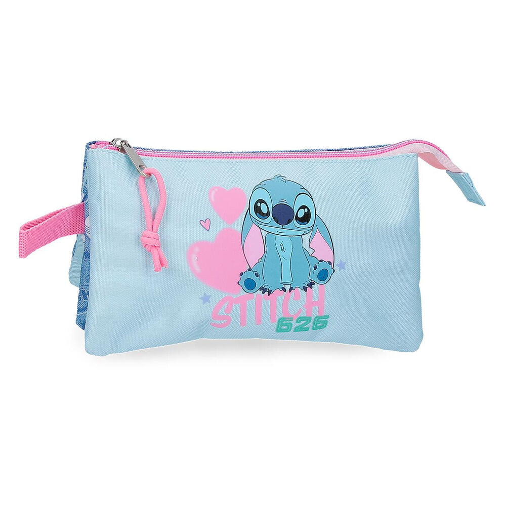 Portatodo triple azul y rosa de Stitch Disney con corazones