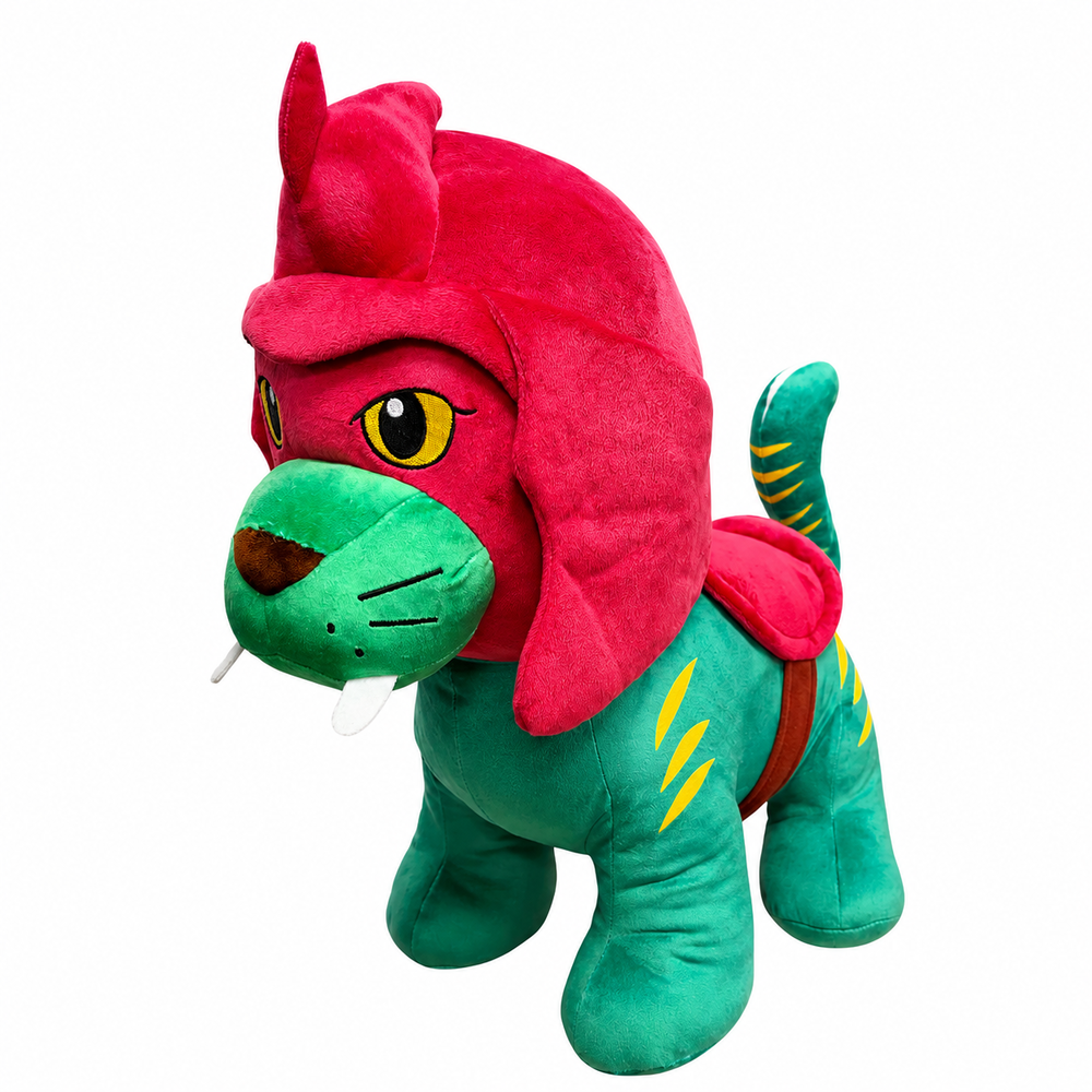 Peluche Battle Cat de Masters del Universo con casco rojo y cuerpo verde