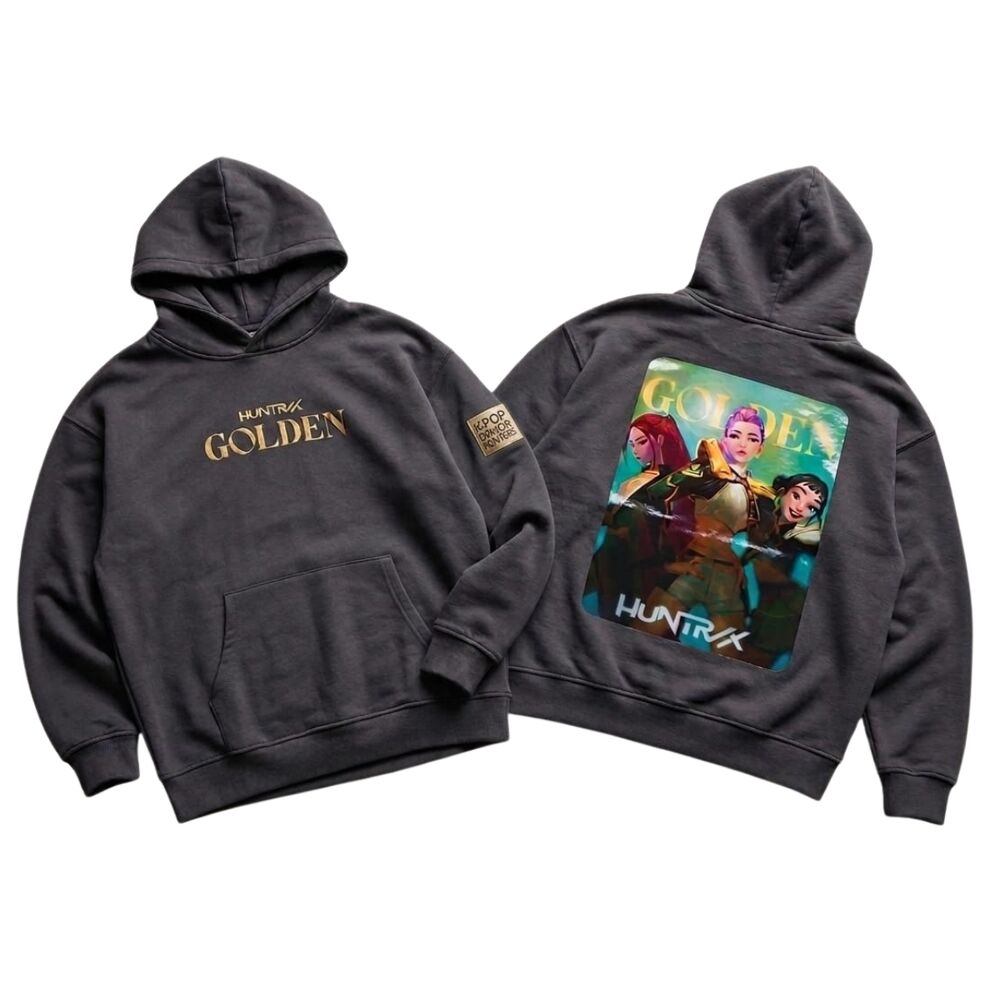 Sudadera gris Huntrix Golden de KPop Demon Hunters con capucha y estampado trasero