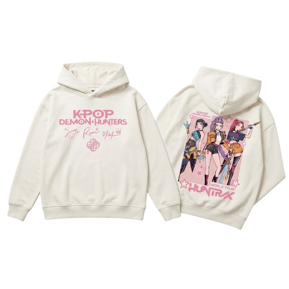 Sudadera crema Huntrix KPop Demon Hunters con estampado delantero y trasero