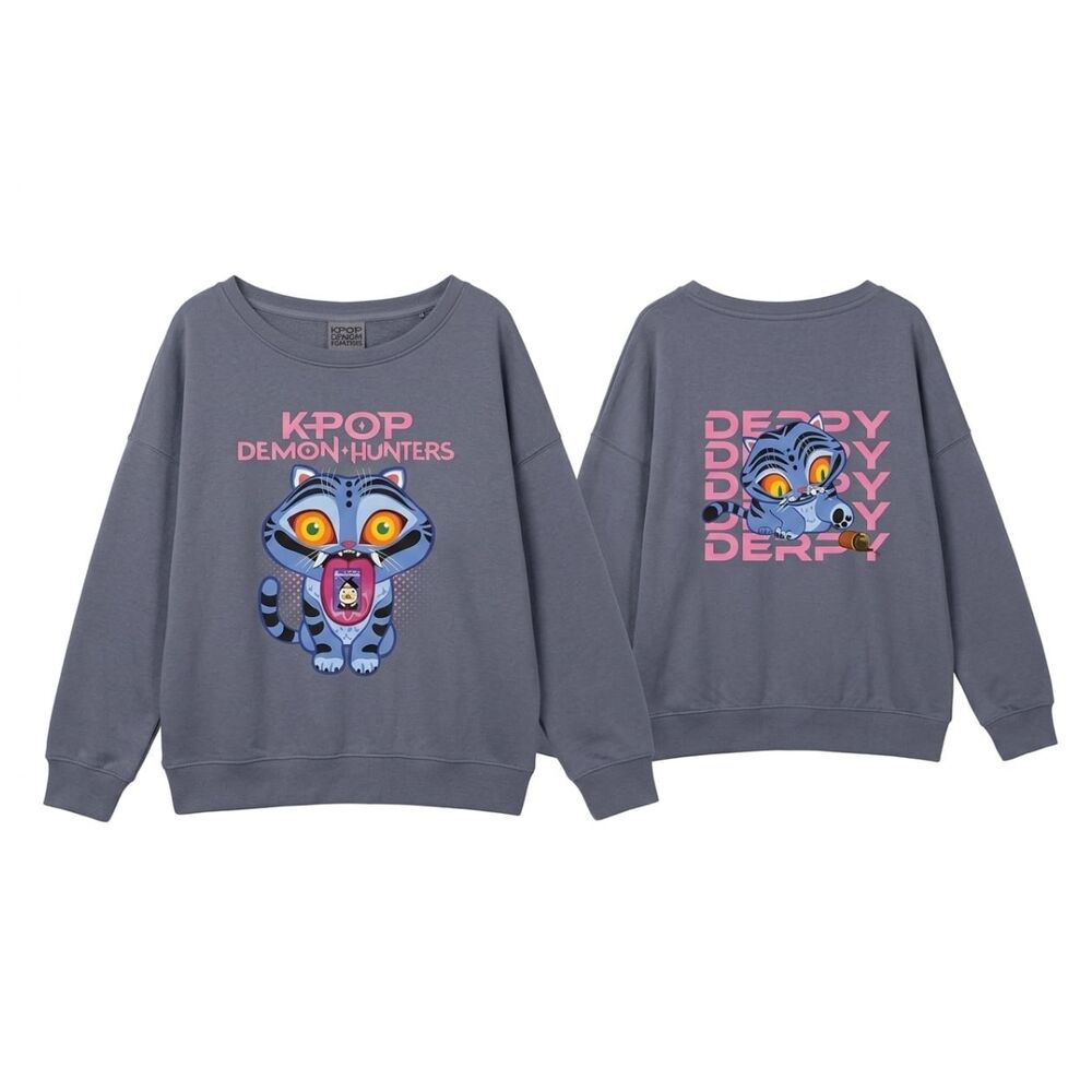 Sudadera gris de Derpy KPop Demon Hunters de Netflix, vista delantera y trasera