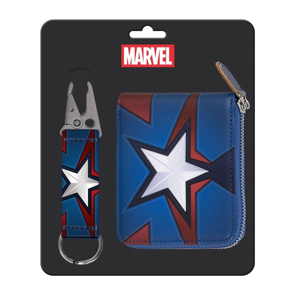 Set de cartera y llavero de Capitán América Marvel en azul y rojo