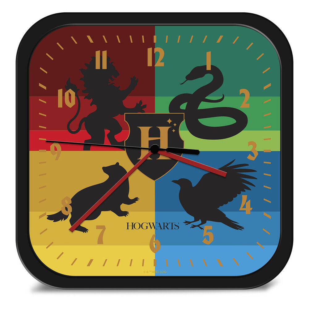 Reloj de pared cuadrado de Harry Potter con diseño de Hogwarts y las cuatro casas - 2