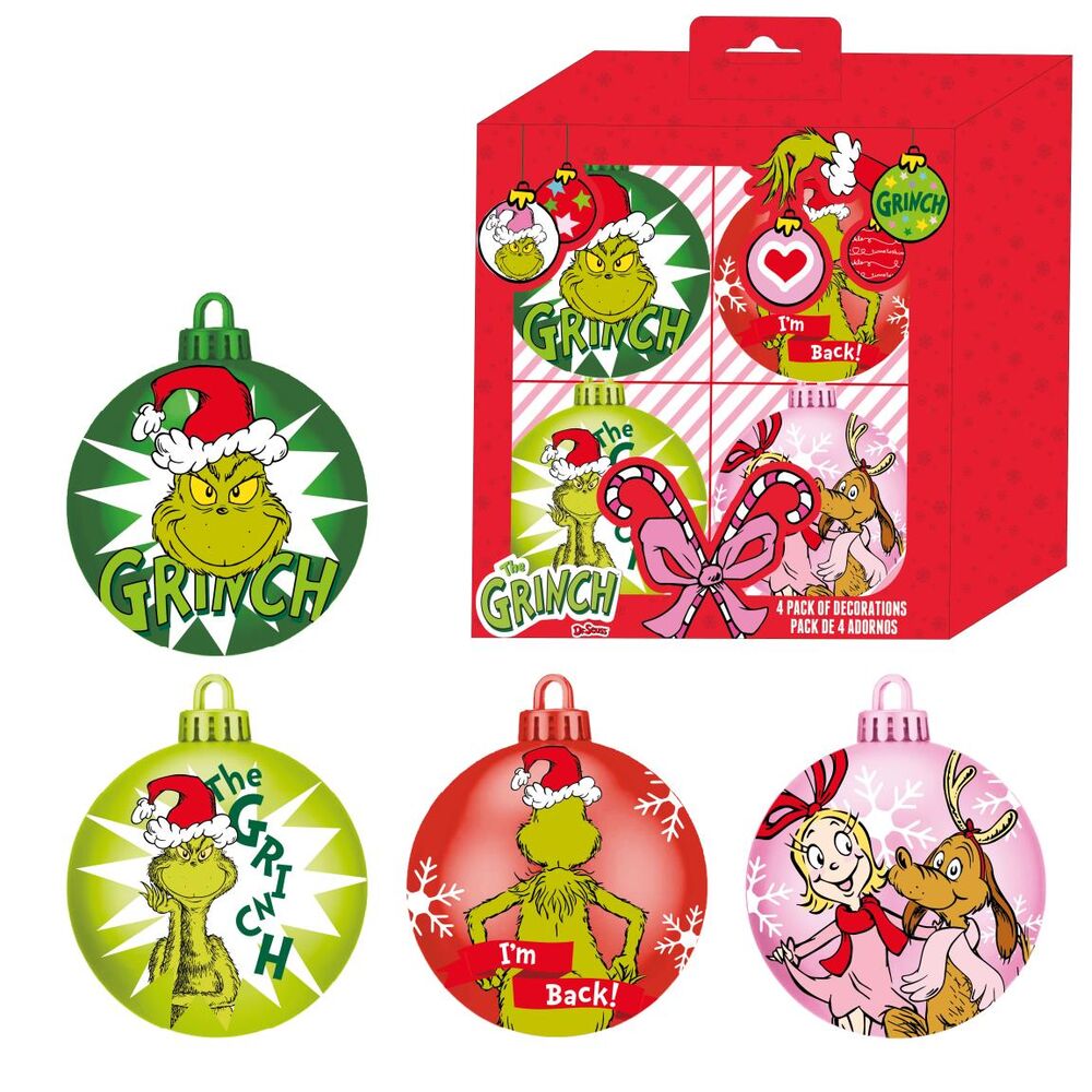 Set de cuatro bolas de Navidad decoradas con El Grinch