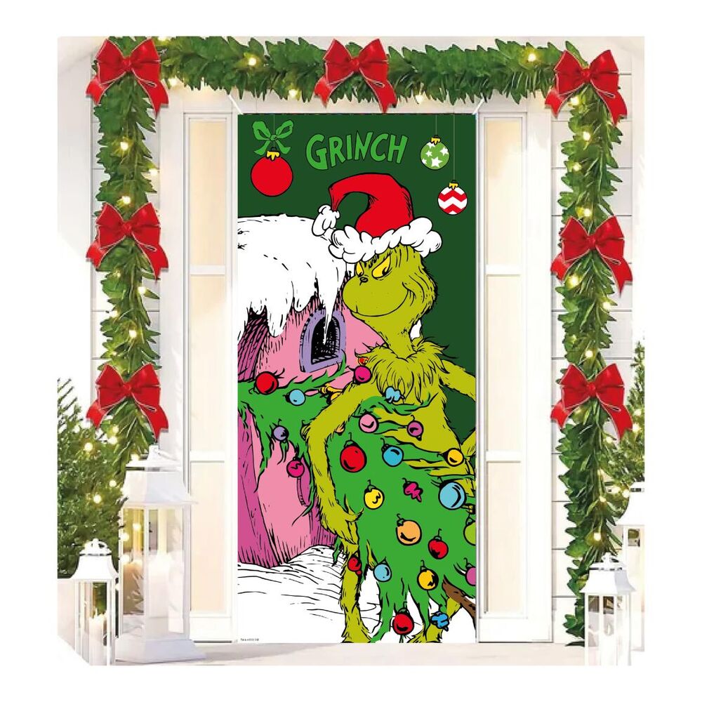Decoración de puerta de El Grinch con árbol de Navidad