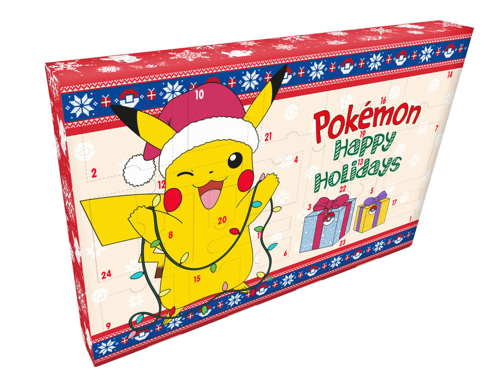 Calendario de Adviento Pokémon con Pikachu y 24 casillas numeradas