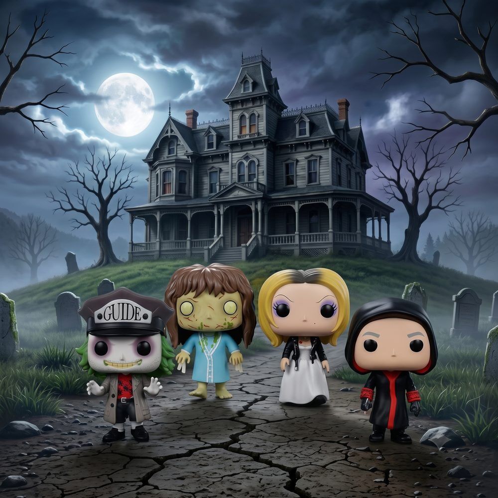 Figuras FUNKO POP con ambientación de terror ante una mansión encantada