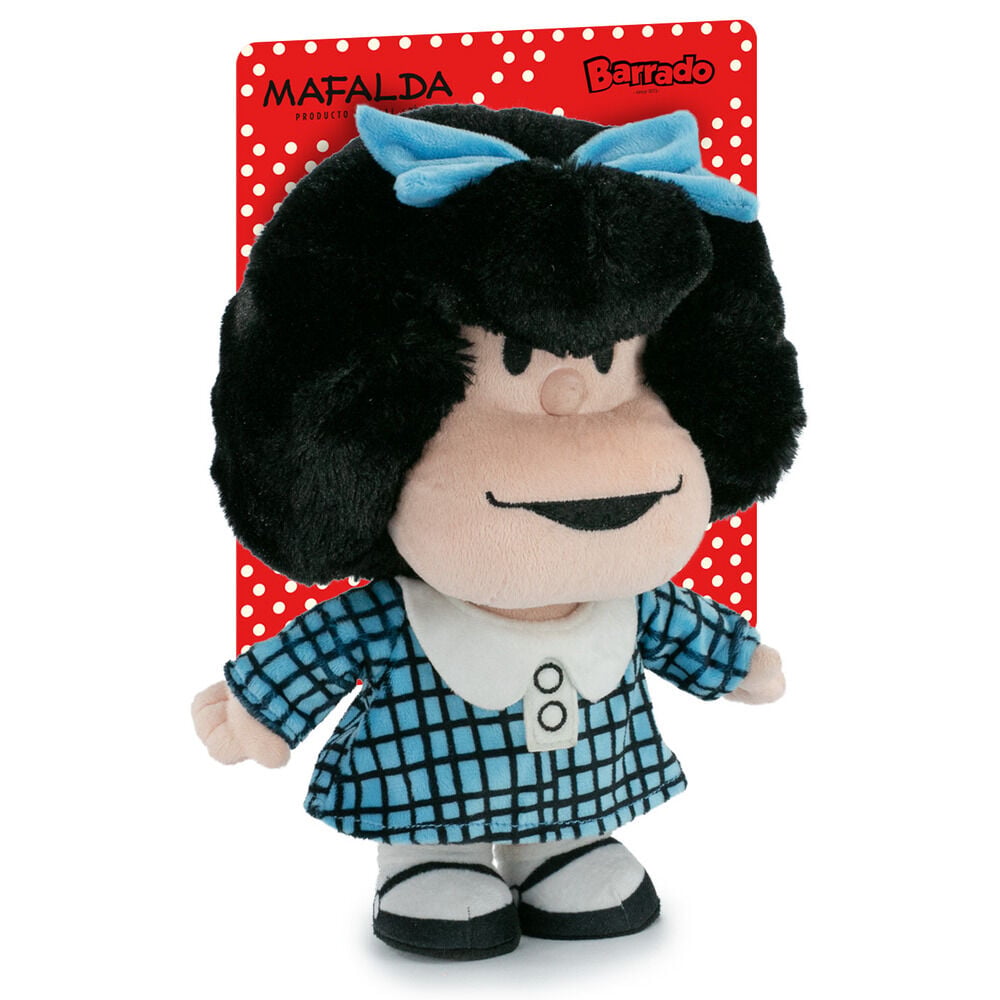Peluche de Mafalda con vestido azul de cuadros y lazos azules
