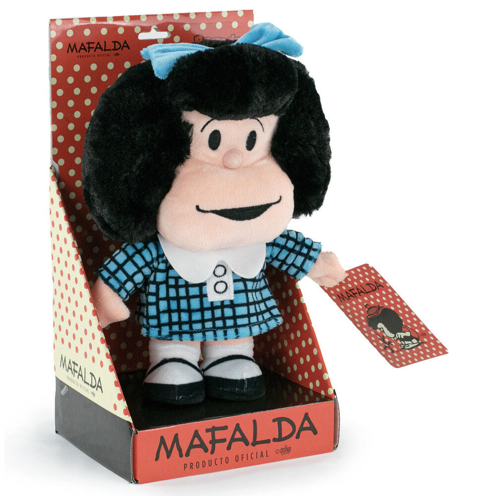 Peluche de Mafalda con vestido azul de cuadros en caja ilustrada