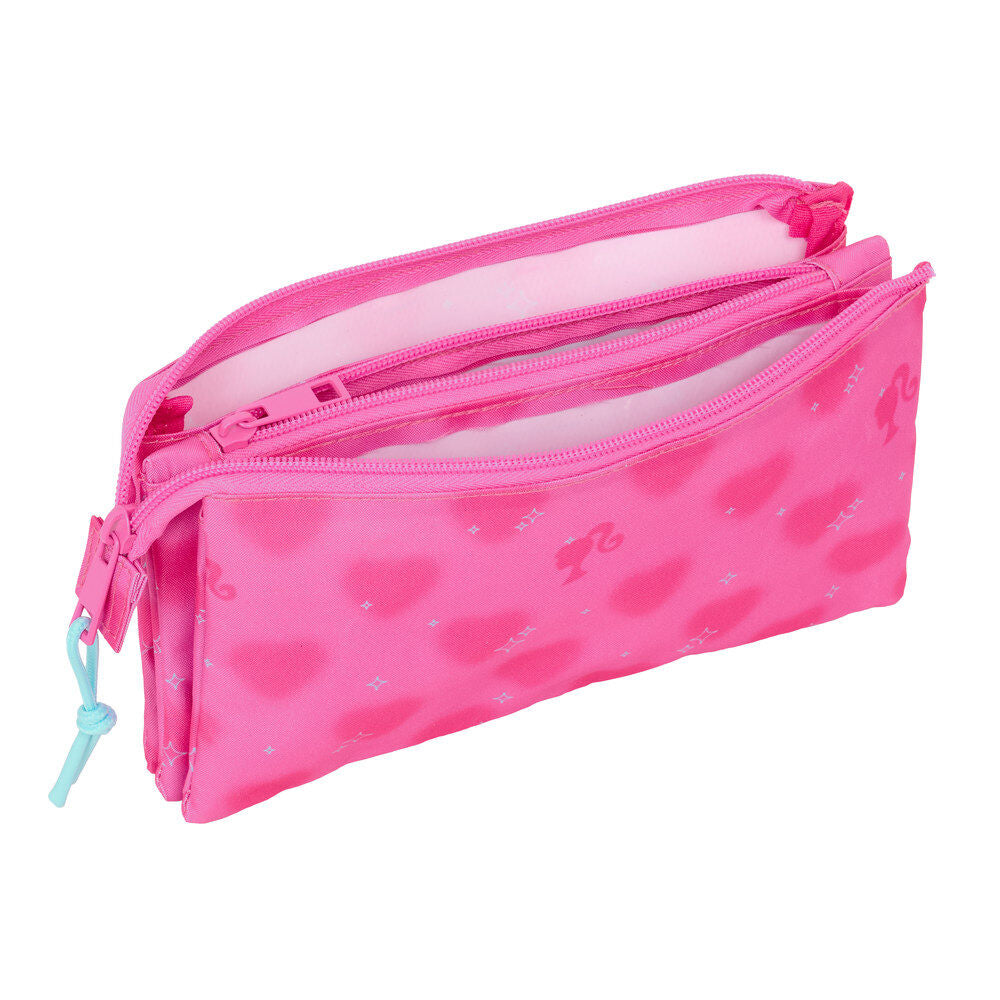 Portatodo triple Barbie rosa con corazones y tres compartimentos - 4