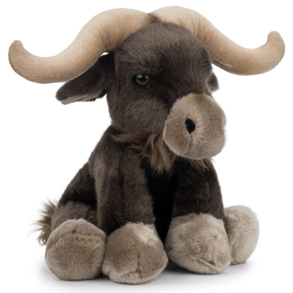 Peluche de búfalo marrón con grandes cuernos curvados