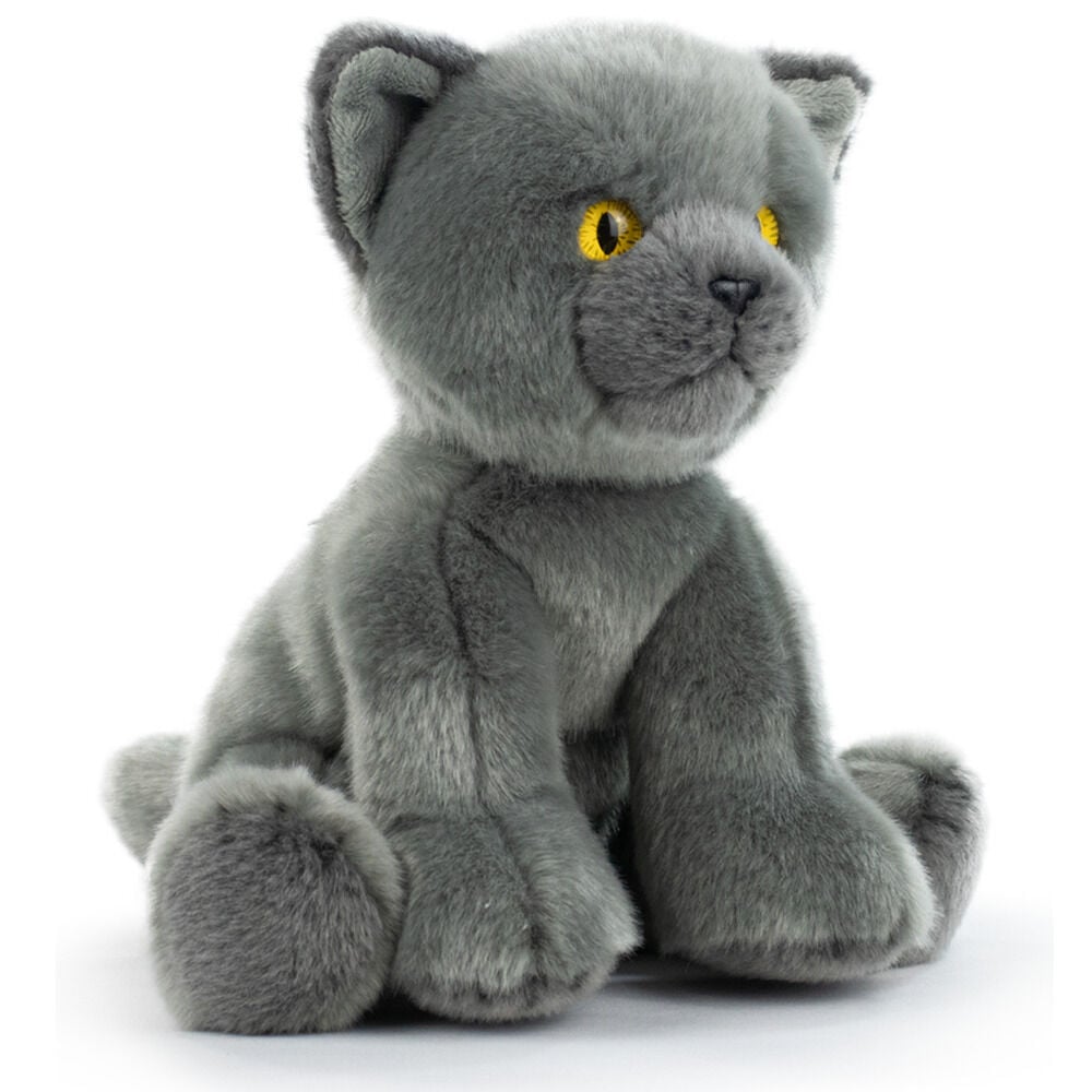 Peluche gris de gato azul ruso sentado con ojos amarillos