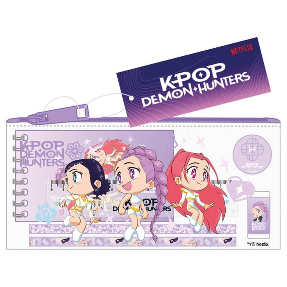 Portatodo transparente Kpop Demon Hunters con material escolar
