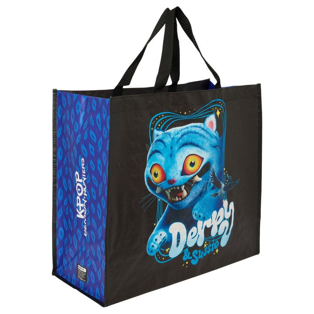 Bolsa shopping negra y azul Kpop Demon Hunters con ilustración de personaje felino - 2