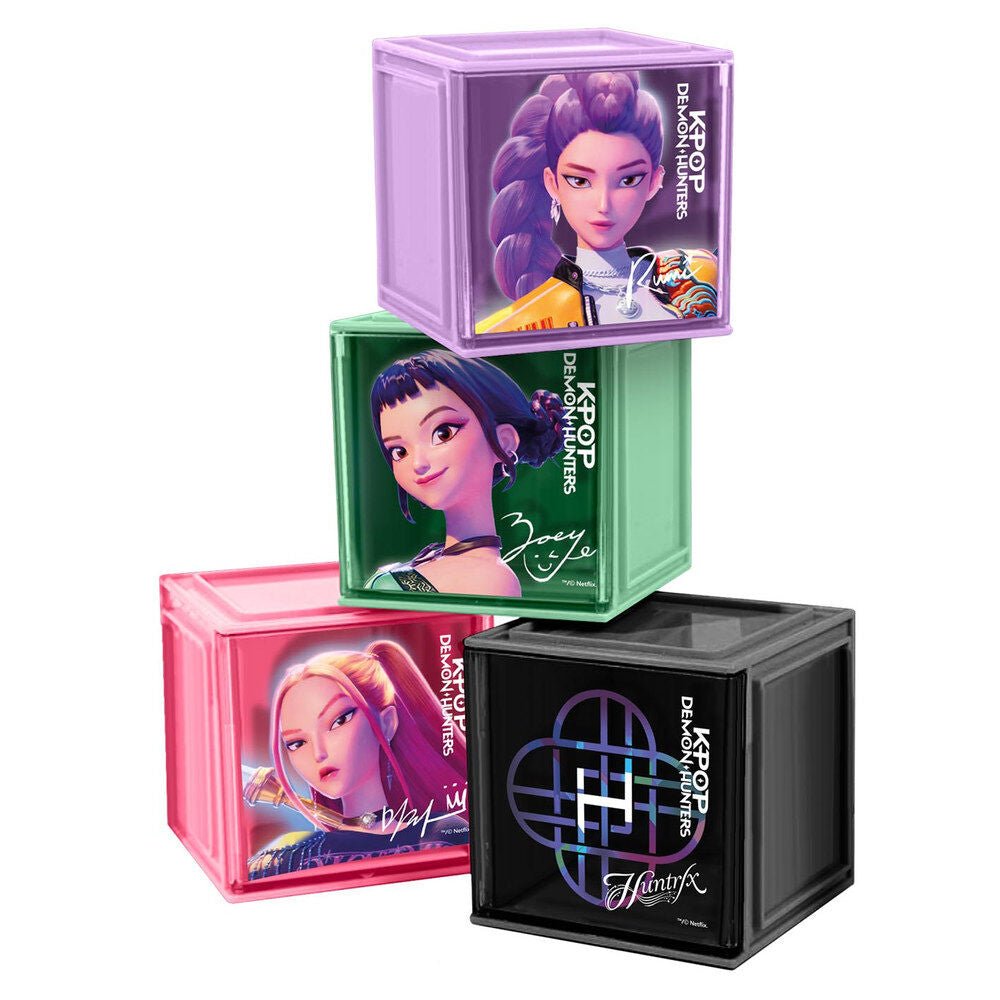 Set de cuatro cubos de almacenaje K-pop Demon Hunters en morado, verde, rosa y negro