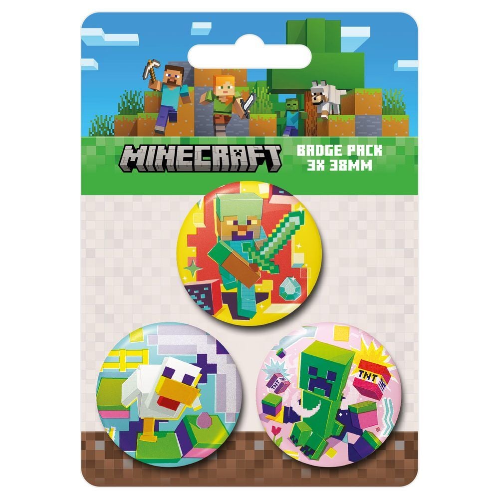 Set de tres chapas Minecraft con diseños pixelados